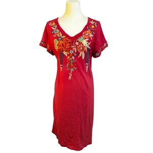 Caite Embroidered Floral Cotton Slub Knit Dress Magenta Pink Boho Womens Large